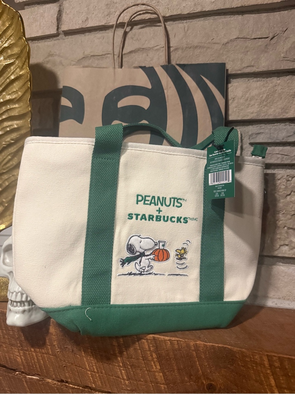 Starbucks Peanuts Snoopy Cream & Green Peanuts Snoopy Canvas Tote